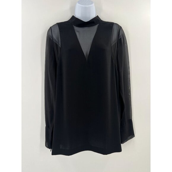 Anna Cate M Black Sheer Mesh Blouse Silk Trim Mock Neck Zip Back Cocktail Chic - Picture 1 of 9